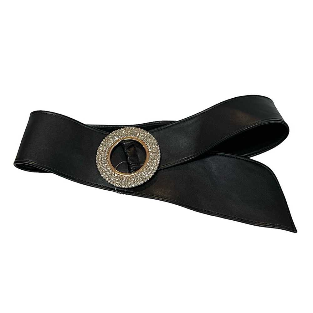 NEW Faux Leather Round Gold Rhinestone Buckle Black Wrap Belt